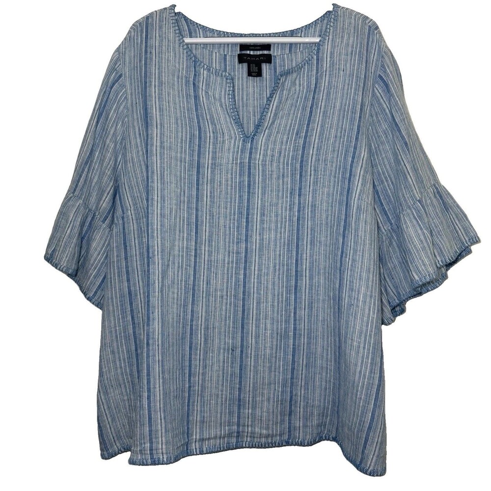 Tahari Plus Size 3X Blue White Striped Linen Blouse Bell Sleeve Coastal Boho